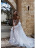 Strapless Ivory Lace Tulle Modern Wedding Dress With Detachable Sleeves